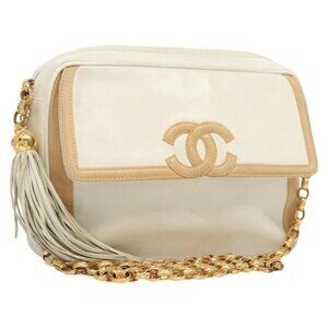 CHANEL Chain Shoulder Bag Lamb Skin White Gold
